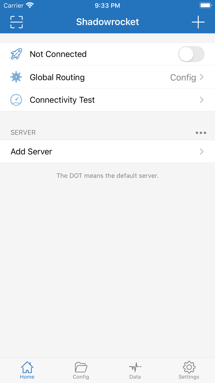 ShadowrocketのHome画面の公式スクリーンショット。上部にNot Connectedのスイッチ、Global Routing、Connectivity Test、下部にSERVERとAdd Serverを表示