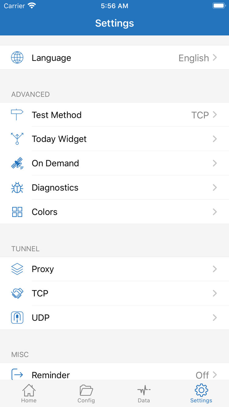 ShadowrocketのSettings画面の公式スクリーンショット。Language、Test Method、Today Widget、On Demand、Diagnostics、Proxy、TCP、UDPを表示