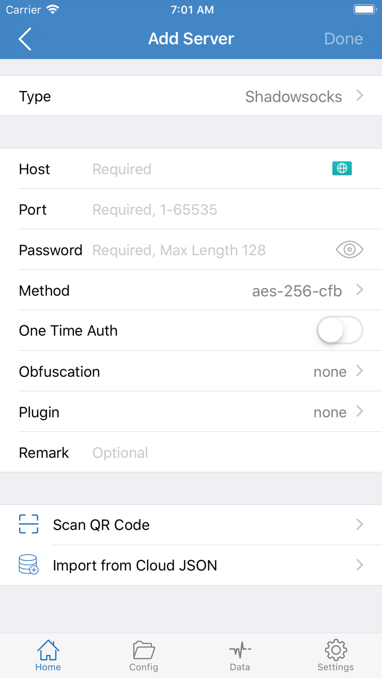 ShadowrocketのAdd Server画面の公式スクリーンショット。Type、Host、Port、Password、Methodと、画面下部の読み込み項目を表示