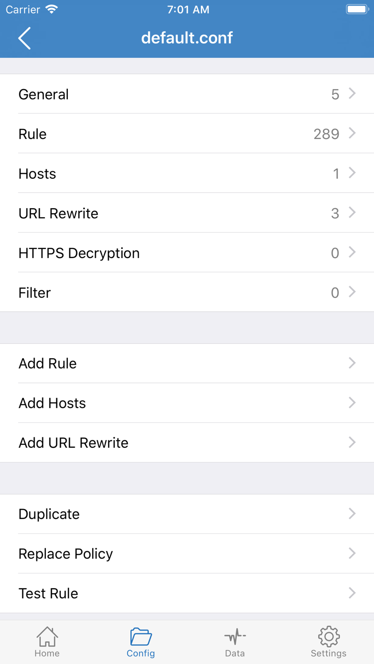 ShadowrocketのConfig画面の公式スクリーンショット。General、Rule、Hosts、URL Rewrite、HTTPS Decryptionの各セクションとAdd Ruleを表示